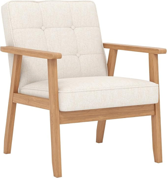 Modern Accent Chair with Arm Rest, Upholstered Linen Fabric Leisure Chair Comfy Side Chair with Backrest Button and Wooden Frame for Living Room Bedroom Reading(Beige), 1 PC