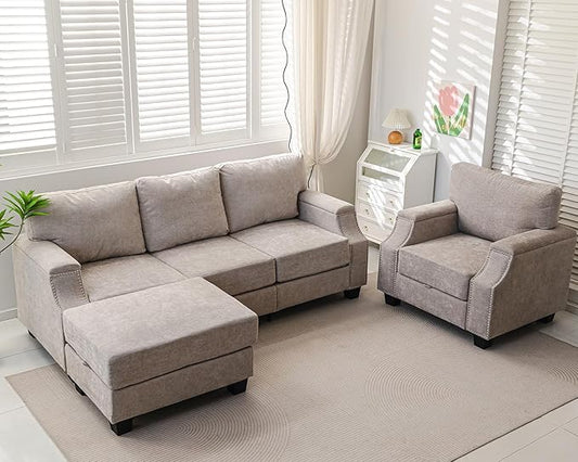 85" Sectional Couches with Storage Ottoman,L Shaped Couch with Armrest Organizer,3-Seater Sofa,Small Couch for Living Room,Apartment,Sofa Set with Oversized Chair,Chenille,Khaki