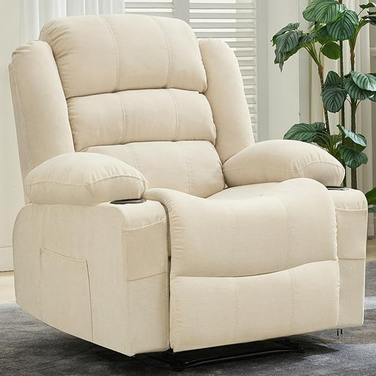 Large Recliner Chair for Adults Overstuffed Fabric Manual Pull Tab Recliner with Cup Holders, Side Pocket, 3-Position Recline, Minimalist Style Single Sofa Chair for Living Room Bedroom, Beige