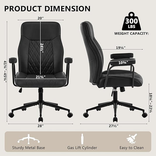 Leather Home Office Desk Chairs, Comfy Office Chair, Mid Century Modern Office Chair with Lumbar Support, Mid-Back Adjustable Swivel Computer Chair with Wheels and Arms, Black