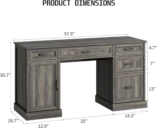 CARPETNAL 58'' Farmhouse Executive Desk with Drawers, Home Office Desk with File Drawer and Storage Cabinet, Rustic Computer Desk for Working, Studying, Writing, Grey