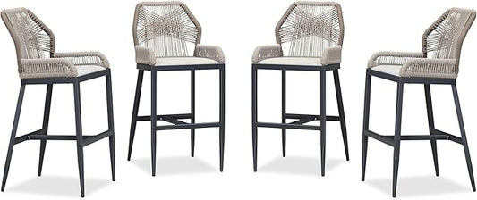 PURPLE LEAF 4 Pieces Bar Stools Patio Modern Rattan Barstools Aluminum Woven Tall Bar Chairs with Cushions for Outdoor Kitchen Island Garden