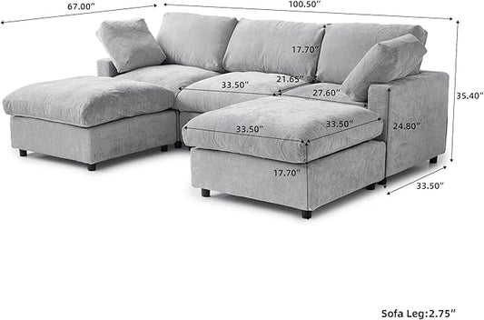 WJShome 100 Inch U Shaped Modern Sofa Modular Sectional Cloud Couch with 2 Ottoman, 4-Seat Chenille Deep Seat Couches for Living Room, Bedroom and Apartment，Gray
