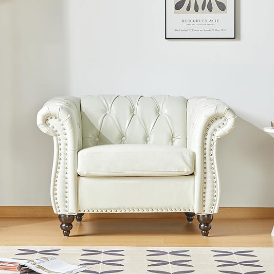 Living Room Chair, Modern Leather Chesterfield Sofa Chair, Mid Century Single Sofa Couch Chair with Tufted Back and Rolled Arms, Accent Sofa Chair for Living Room Apartment, White