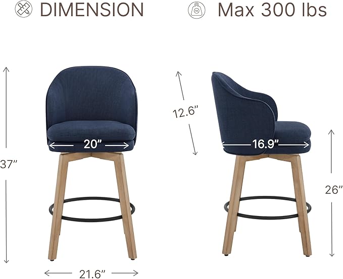 Counter Height Barstools 26 inch Upholstered Swivel Bar Stools with Back and Wood Legs for Kitchen Island,Set of 2,Blue Fabric