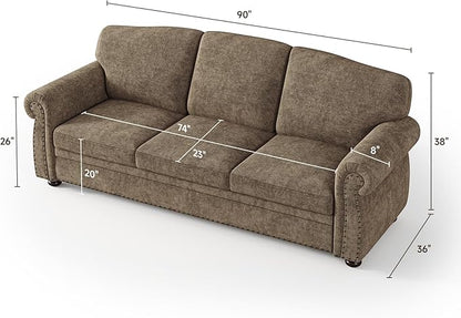 ONBRILL 90 Inch Nailhead Trim Couch for Living Room, 23 Inch Deep Seat Rolled Arm Sofa, Comfy Upholstered 3 Seater Chenille Couch w/Wooden Leg, Large Traditional Sofa for Farmhouse, Brown