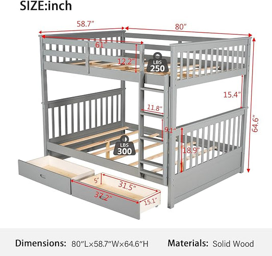 Merax Wood Bunk Bed with Drawers,Convertible Wood Bunk Bed with Ladders and Two Storage Drawers,Solid Wood Detachable Bed Frame with Ladders,Full Over Full,Grey