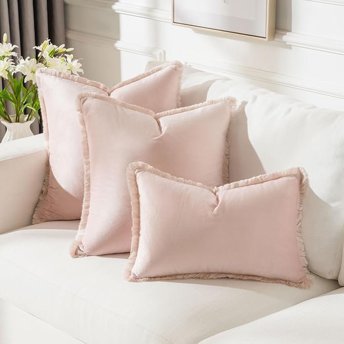 FUTEI Pink Velvet Decorative Throw Pillow Covers 20x20 Set of 2,Soft Cozy Edge with Tassels Cushion Case,Boho Modern Home Decor for Couch Bed Living Room