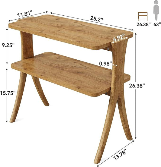 LITTLE TREE Narrow Side Table, 2-Tier Farmhouse End Table with Solid Wood Legs, Small Side Table, Space-Saver for Living Room, Bedroom, Entryway (Light Walnut)