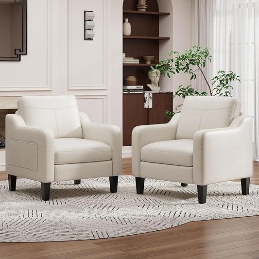 PU Leather Accent Chair Set of 2, Mid-Century Modern Living Room Armchair Sofa with Removable Cushions, Solid Wood Frame & Stitched Armrest Design, Bedroom Chair with Plastic Legs, Beige