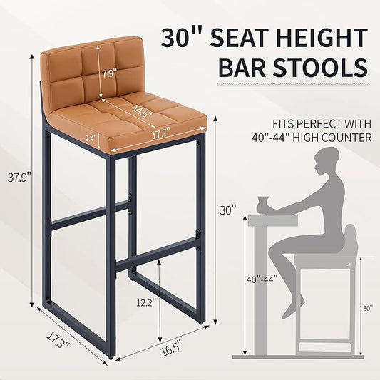 Set of 3 Bar Stools, PU Leather Barstools, 30" Modern High Counter Stools with Back and Thickened Metal Legs, Upholstered Island Chairs for Kitchen Island (Caramel Brown, 3Pcs 30" Bar Stools)