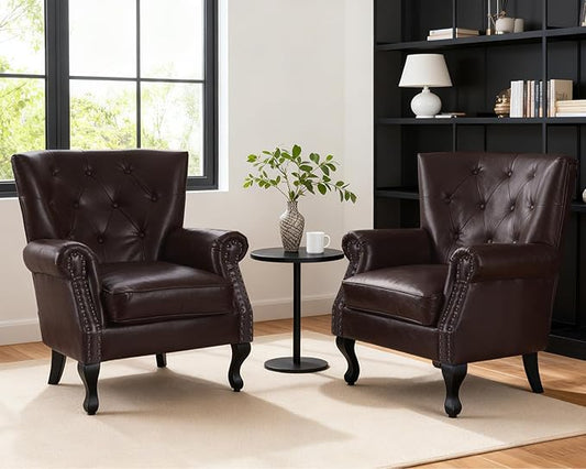 Modern Accent Chair Set of 2, Mid-Century PU Leather Armchair with Solid Wood Legs, Single Sofa Chair for Living Room, Bedroom, Leisure Room, or Reading Room(Caramel)