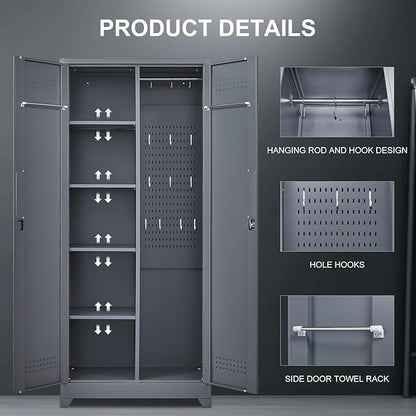 FLEXIMOUNTS 73'' Tall Metal Storage Cabinet with Locking Door, Large Cleaning Tool Organizer for Brooms, Garage, Laundry Room, Bathroom, Dark Grey