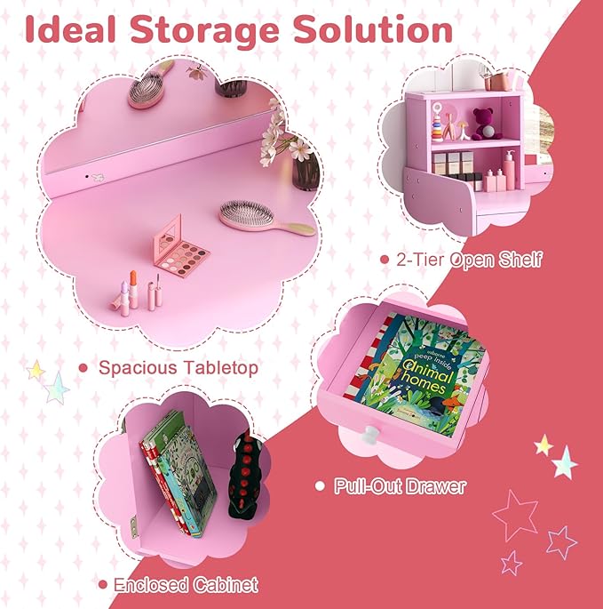 GLACER Kids Vanity, Wooden Toddler Vanity with Lighted Mirror, Drawer & Cabinet, Storage Shelves, Princess Kids Vanity Table and Chair Set, Girls Vanity for Little Girls Ages 3+ (Pink)