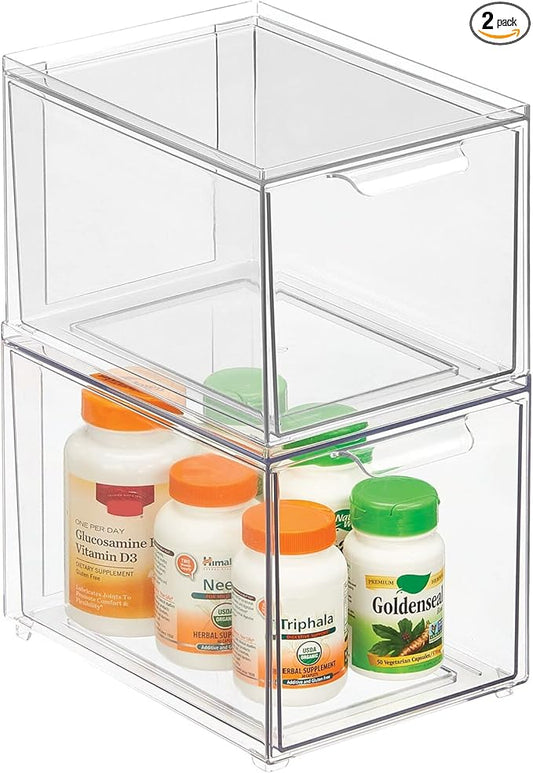 mDesign Plastic Bathroom Organizer Bin w/Pull Out Drawer - Slim Stackable Storage Container for Bathroom Accessories - Perfect for Organizing Bathroom Cabinet - Lumiere Collection - 2 Pack - Clear