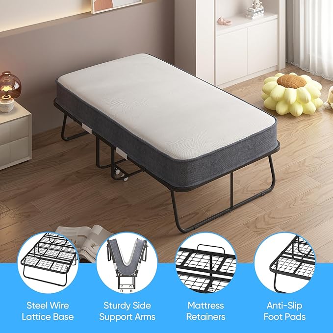 Mjkone Folding Bed with Mattress for Adults, 75" x 31" Rollaway Bed with Mattress, Space Saving Roll Away Frame Lockable Wheel, Sturdy Fold Up Beds and Memory Foam for Bedroom/Guest