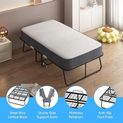 Mjkone Folding Bed with Mattress for Adults, Rollaway Bed with 5 Inch Memory Foam, Space Saving Portable Bed with Lockable Wheel, Sturdy Fold Up Frame and Memory Foam for Bedroom/Guest (75" x 51")