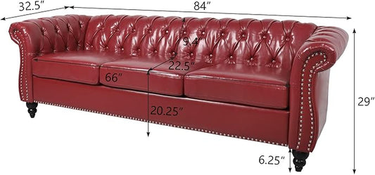 LEVNARY Chesterfield Sofa, Classic Tufted Upholstered Leather Couch, Modern 3 Seater Couch Furniture with Tufted Back for Living Room Office (Wine Red)