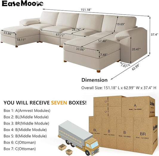 EASE MOOSE Oversized Modular Sectional Sofa,Leather Sectional Couch with Deep Seat,Extra Large U Shaped Couch,Faux Leather Material Sofa Modern Comfy Scratch Resistant,Beige