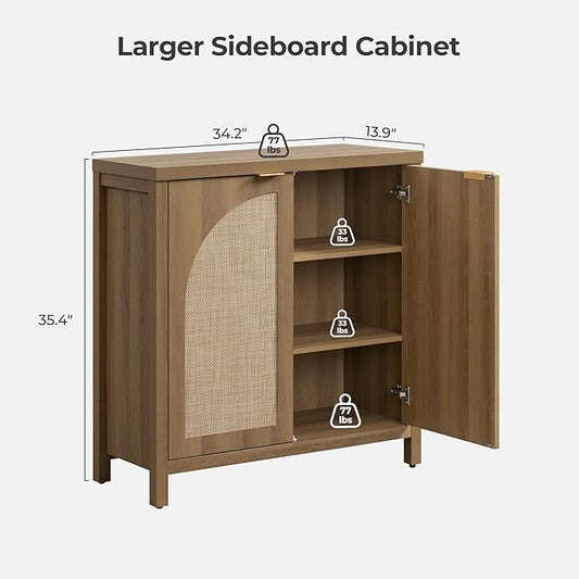 SICOTAS Rattan Sideboard Buffet Cabinet with Storage, Mid Century Modern Credenza Storage Cabinet with Arch Doors & Shelves Farmhouse Coffee Bar Media Console Cabinets for Living Room, Entryway