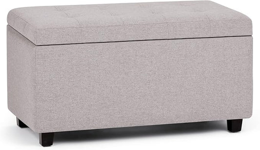 SIMPLIHOME Cosmopolitan 34 inch Wide Transitional Rectangle Storage Ottoman in Cloud Grey Linen Look Fabric, Assembled, For the Living Room, Entryway and Family Room