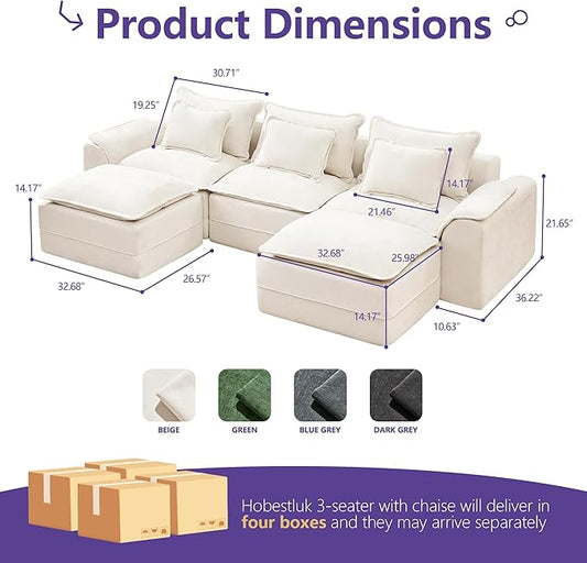 Hobestluk 120" Cloud Modular Sectional Couch 3-Seater Sofa with Ottomans U Shaped Couch Deep Seat Sofa with Removable Cover Large Sofa for Living Room (Beige, 3-Seater Sofa with Two Ottomans)