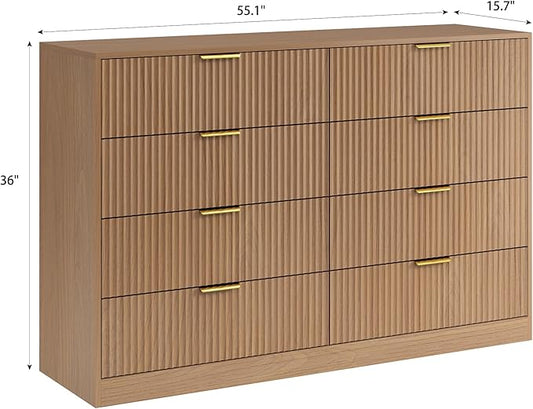 8 Drawer Dresser for Bedroom, Modern Fluted Double Dresser, 55" Wide Chest of Dressers, Mid Century Wooden Beside Table for Closet, Living Room and Entryway, Natural
