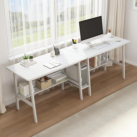 2-Person Writing Desk with Bookshelf - 94" Wooden Extra Long Home Office Work Table, Double Study Computer Workstation with Storage Shelves in White, 94" W x 24" D