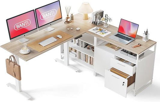 BANTI Executive L Shaped Standing Desk, 66 Inch with 2-Drawer File Cabinet, Electric Height Adjustable Stand up Desk, Home Office Computer Desk with Shelves, Light Walnut Top