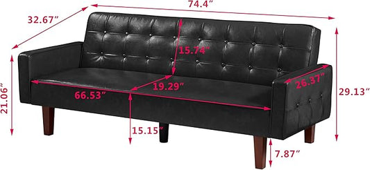 74" Loveseat Sofa with Vintage Button Tufting, Faux Leather Convertible Sleeper Futon Sofa Bed with Spring Cushion and Wood Legs for Apartments, Offices, Reception Areas, Living Rooms, Black