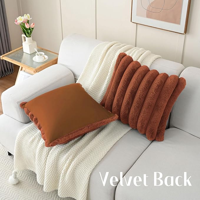 FUTEI Rust Decorative Throw Pillow Covers 26x26 Inch Set of 2, Square Soft Faux Rabbit Fur Big Striped Pillow Sham,Home Decor for Couch Sofa Bed Living Room