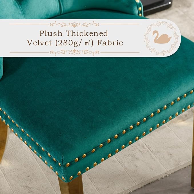 Velvet Upholstered Dining Chairs Set of 8, Modern Style Kitchen Side Chairs with Nailhead Trim and Gold Plated Leg, Metal Pulling Ring for Dining Room Living Room(Green)
