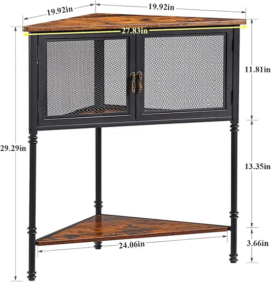 VECELO 3 Tier Corner Cabinet,Corner Table Shelf with Storage Cabinet,Industrial Metal Frame and Wood Shelves Organizer for Small Spaces in Living Room/Bedroom/Kitchen