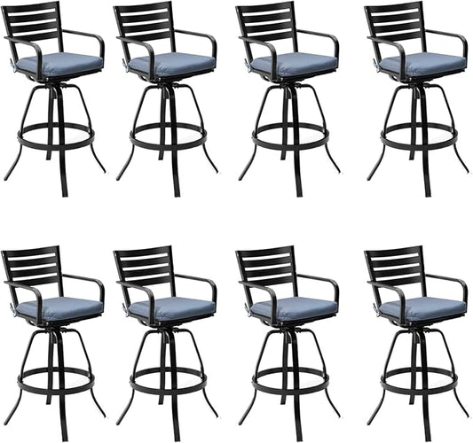 Pellebant 29.5" Outdoor Bar Stools Set of 8, Aluminum Swivel Patio Bar Height Stools with Footrest & Backrest, Rust-Proof Patio Bar Stool Chairs for Deck Backyard, Spectrum Denim