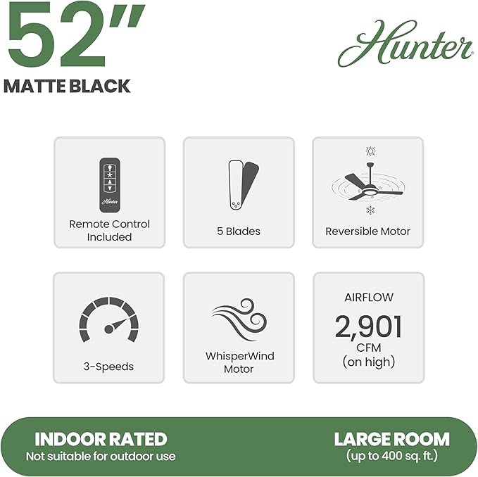 Hunter Fan 52 inch Contemporary Matte Black Indoor Ceiling Fan with Light Kit and Remote Control (Renewed)