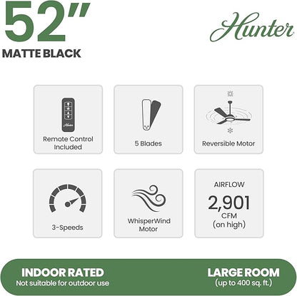 Hunter Fan 52 inch Contemporary Matte Black Indoor Ceiling Fan with Light Kit and Remote Control (Renewed)