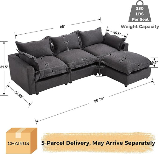chairus 97" Modular Sectional Sofa with Moveable Ottoman Upholstered Deep Seat Linen Couch Set with Soft Pillows L-Shape Sofa Couch for Living Room, Apartment, Reception Room, 3-Seater/Black