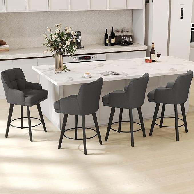 360°Swivel Counter Height Bar Stools with Back, 26 inch Solid Wood Legs, Bar Stool Modern Kitchen Island Chairs, Fabric (Black Grey- Fabric, 26" H- Set of 6)