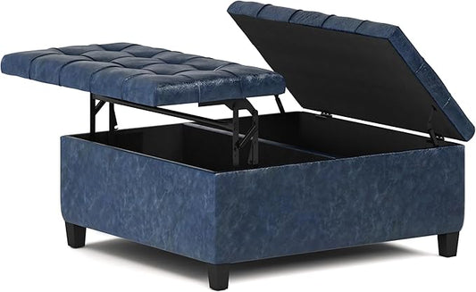 SIMPLIHOME Harrison 36 inch Wide Transitional Square Coffee Table Storage Ottoman in Denim Blue Vegan Faux Leather, Assembled, For the Living Room and Bedroom