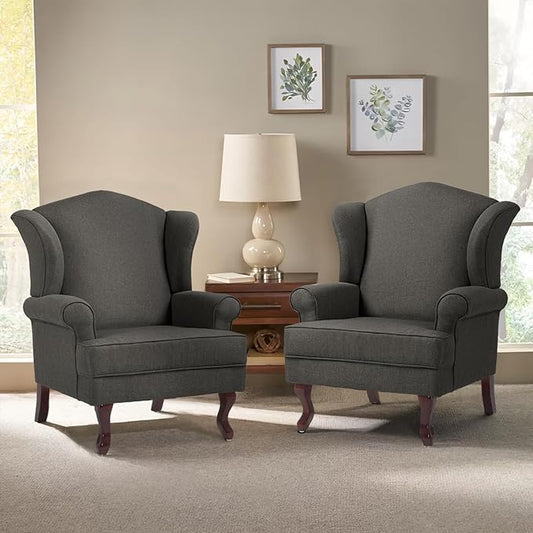 Pia Ricco Set of 2 High Back Accent Chairs: Upholstered Fabric Armchairs with Solid Wood Legs - Retro Living Room Pair, Comfy Reading Sofa Seats-Charcoal Grey