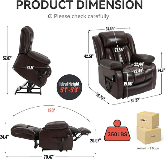Luxlen Electric Power Lift Recliner Chair with Vibration Massage and Heat, Leather Reclining Chairs for Elderly with Remote Controls, Side Pockets, Big and Tall Recliner, Brown