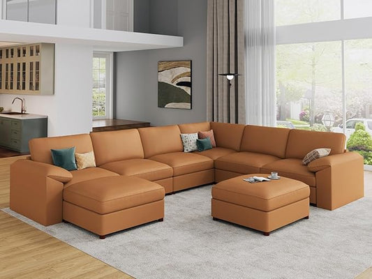 EASE MOOSE Modular Sectional Sofa, Oversized Faux Leather Sectional with Ottoman, Wide Deep Modular Couch, Scratch Resistant Faux Leather Material, U Shaped Couch for Big Spaces, Brown