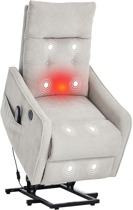 PELUMY Manual Lift Recliner Chair with Massage and Heat for Elderly, Single Motor Electric Lift Chair, Heavy Duty Recliner with USB Charging & Side Pockets (Chenille, Beige)