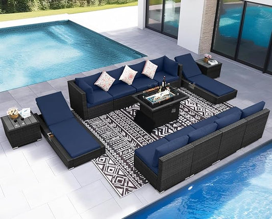 NICESOUL 13Pcs Patio Furniture Sets with Firepit, Contemporary Rattan Modular 10-Seater Outdoor Patio Set with Matching Chaise, Extra Wide Deep Seat Sectional Sofa and Lounger for Deck, Grey&Navy Blue