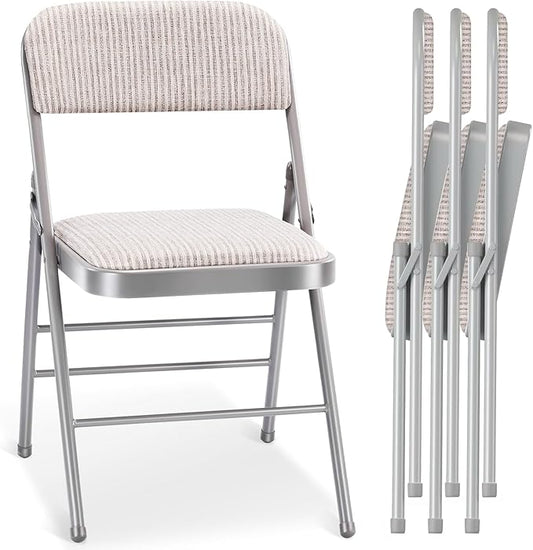 4 Pack Folding Chairs with PU Padded Cushion and Back, Commercial Grade Metal Chairs with Comfortable PU Leather Cushion for Home and Office, for Indoor and Outdoor Events (4, White-Fabric)