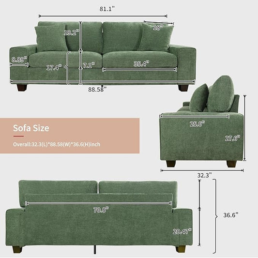 DOPEDIO Modern Loveseat Sofa for Living Room,Chenille Recliner, Removable Cover, Spring Cushions, Solid Wood Frame, Easy Assembly for Small Spaces (88.58inch，Green)