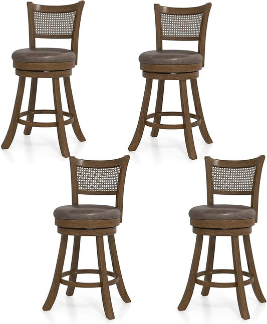 COSTWAY 25” Swivel Counter Height Barstools Set of 4, Rubber Wood Bar Stools with Rattan Backrest, Footrest, Upholstered Leathaire Armless Chairs for Kitchen Island, Pub, Brown (4, 25” Seat Height)