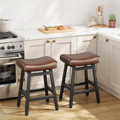 Counter Height Bar Stools Set of 2, 24 Inch Barstools for Kitchen Counter, Kitchen Stools with Bonded Leather Saddle Seats & Heavy Duty Metal Legs, Easy Assembly, Gray/Black