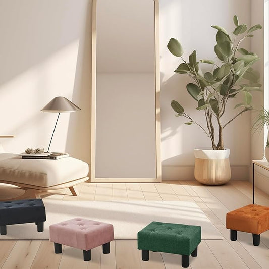 Poofzy Small Foot Stool Ottoman, Linen Ottoman Foot Rest with Legs, Rectangle Foot Rest for Couch, Footstools and Ottomans Small for Living Room and Entryway (Green)