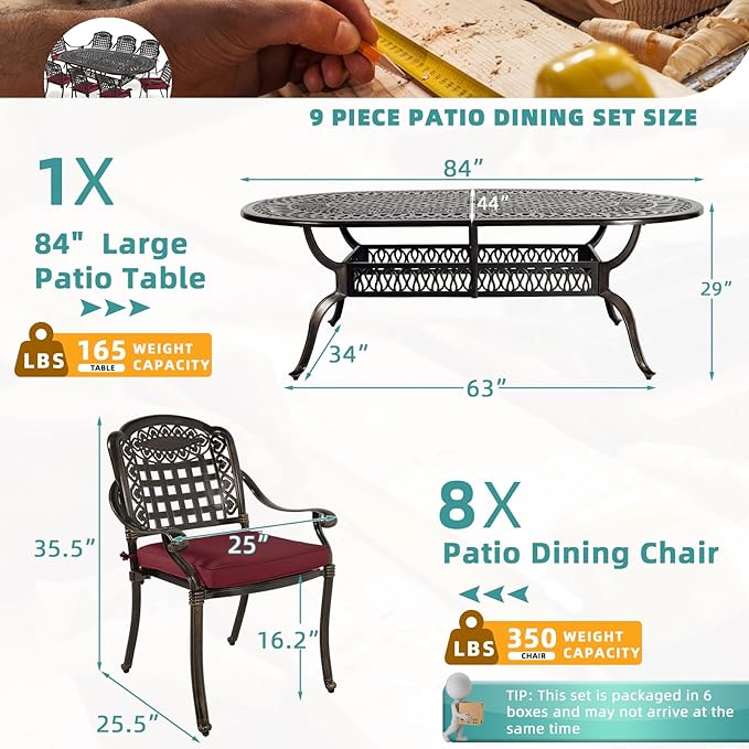 MEETWARM 9-Piece Outdoor Furniture Dining Set, All Weather Cast Aluminum Patio Garden Set with 1 Oval Table, 8 Chairs, 8 Cushions, 2" Umbrella Hole, Dark Bronze, Chili Red